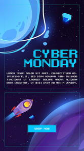 Cyber monday banner. Advertising flyer with special offer, discount. Vector poster of sale day with cartoon illustration of rocket flying in outer space with planets and stars