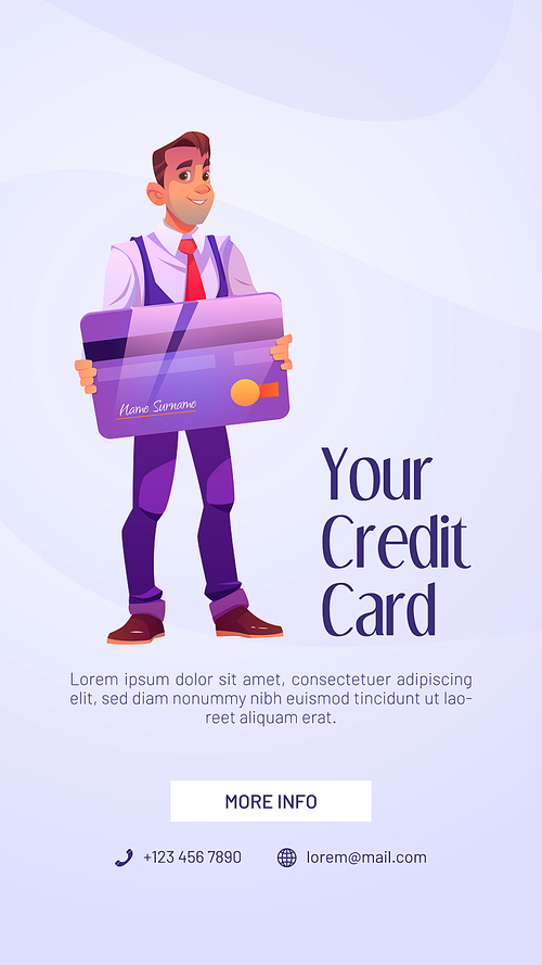 Credit card poster with happy man customer or bank manager. Vector banner of personal banking service with cartoon illustration of businessman character holding blank plastic card