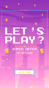 Lets play pixel art web banner for casino or gambling club games. Dollar rain fall on neon ultraviolet futuristic city buildings. Super offer promotion, promocode, invitation Vector mobile app screen
