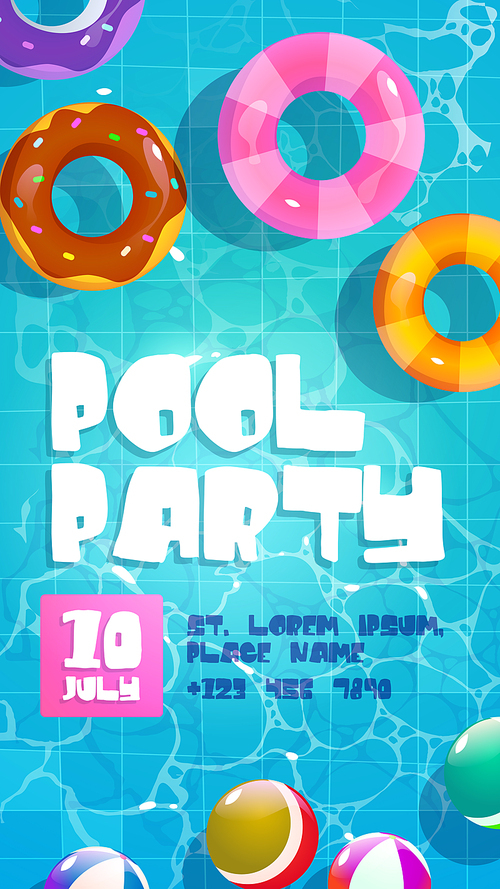 Pool party poster, summer background with colorful inflatable rings and balls float in swimming pool top view. Cartoon invitation flyer, card for summertime vacation entertainment, Vector illustration
