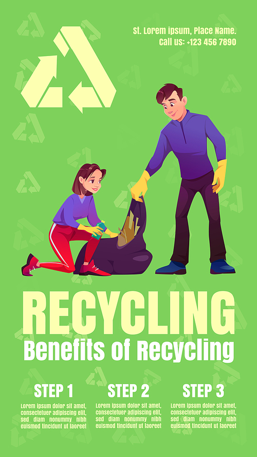 Benefits of recycling infographics poster with people clean up. Man and woman collect garbage and put into sack. Steps reduce plastic and zero wastes, save nature flyer, Cartoon vector illustration