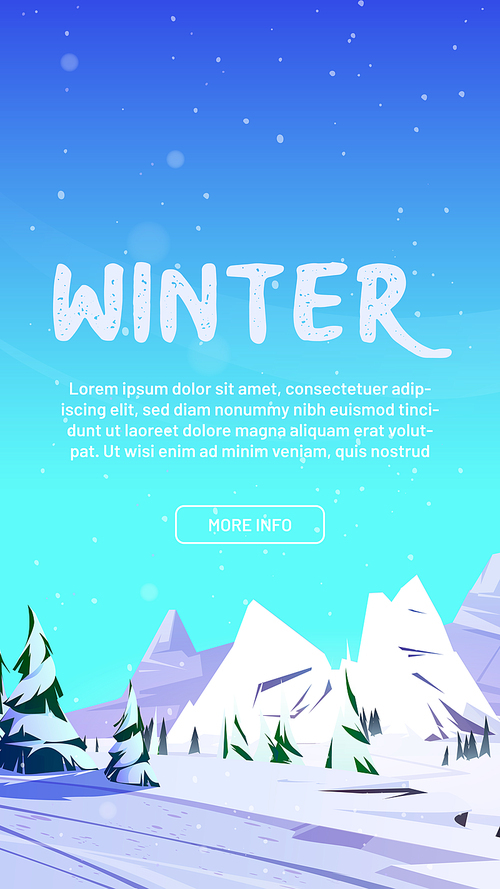 Web banner with winter mountains, northern nature rocky landscape with conifers trees and rocks covered with snow. Invitation to ski resort, wild park recreation Cartoon vector mobile app onboard page