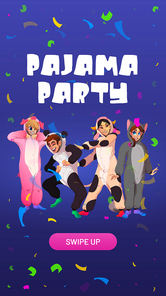 Pajamas party cartoon web banner, invitation. People in kigurumi animal jumpsuits rejoice with confetti falling down. Teenagers wearing costumes cat, cow, and panda, pig Vector mobile app onboard page