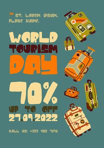 World tourism day sale poster with travel suitcases, bags and luggage. Discount promotion for travelers, ads flyer in retro style with colorful baggage, agency service, Cartoon vector illustration