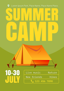 Summer camp cartoon poster with tent, invitation for camping adventure on nature with live music, new friends and hikes, promotion for tourists holidays outdoor hiking activity, Vector illustration