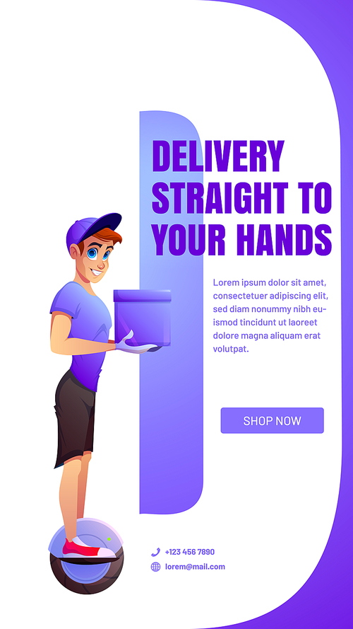 Delivery straight to your hands cartoon advertising web banner with courier boy wear uniform, holding box riding unicycle. Shipping service promo ads design, Vector mobile app onboard screen page