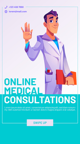 Online medical consultation cartoon web banner. Male doctor greeting, waving hand, hospital staff virtual medicine service, clinic appointment, healthcare, Vector mobile app onboard screen page