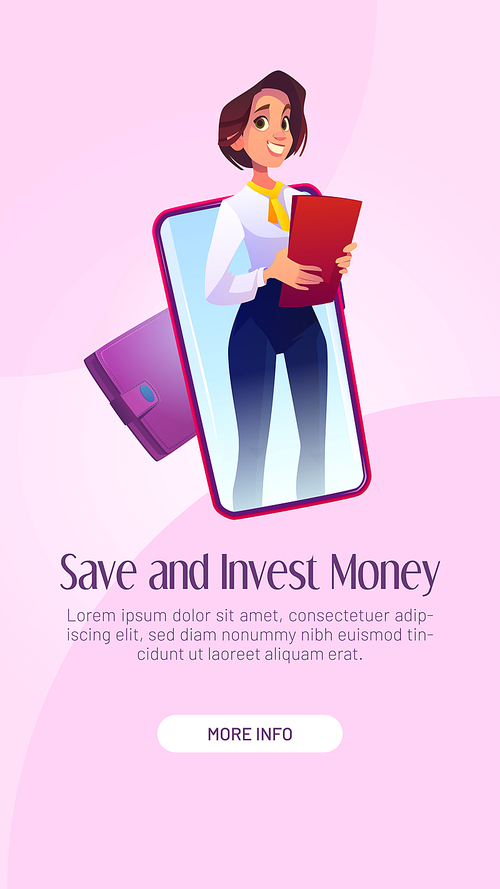 Save and invest money cartoon web banner. Woman bank worker or investment assistant wear formal suit holding folder in hands on smartphone screen with wallet, Vector mobile app onboard screen page