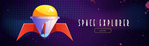 Space explorer poster with rocket on background of sky with stars. Vector banner of galaxy exploration with cartoon illustration of spaceship flying in cosmos