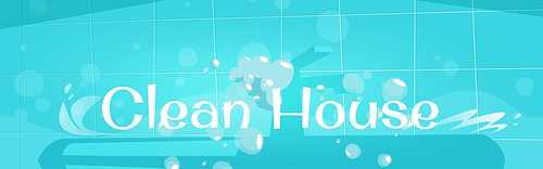 Clean house poster with kitchen or bathroom interior with sink, faucet, soap bubbles and water splash. Vector banner of household, cleaning home with cartoon wash basin and blue tiled wall