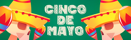Cinco de mayo poster with skulls in sombrero with maracas. Vector banner of traditional holiday, carnival celebration in Mexico with cartoon illustration of skulls in mexican hats