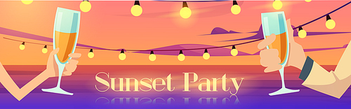Couple at night beach romantic date dinner, man holding woman hand sitting at served table on seaside under full moon in sky drinking champagne, glow candles, flower petals Cartoon vector illustration