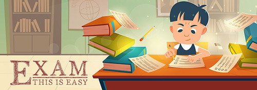 Easy exam poster. Concept of school education and examination preparation. Vector cartoon illustration of boy student passing test at table with books and paper questionnaire form in classroom