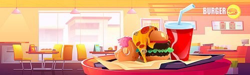 Fast food restaurant interior. Burger, pizza, donut and drink on tray in cafe. Vector cartoon illustration of empty fastfood canteen with counter, menu, tables and chairs