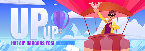 Hot air balloons fest cartoon web banner. Excited tourist with white dove on hand flying up of rocks in blue sky scenery landscape view, ballon festival, travel aerial adventure, vector illustration