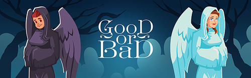 Good or bad angel and devil cartoon banner, kind and evil characters with wings wear white and black robe. Personages guides to spirit world in hell or heaven, religious figures, Vector illustration