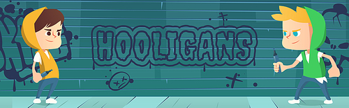 Hooligans drawing graffiti on wall use liners, teenagers or kids making inscription on building. Vandalism concept with ghetto teens, young people street artists characters Cartoon vector illustration