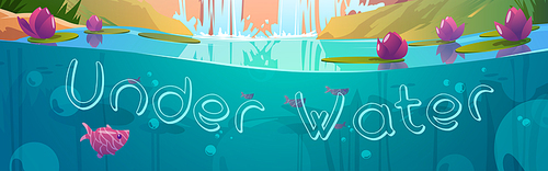 Under water background, cartoon banner with pond, air bubbles, fish and nenuphar flowers floating at sunlight beams cross section view, underwater scene for game or book, Vector illustration