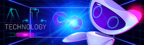 Technology cartoon web banner, artificial intelligence robot at neon glowing hud technological background with infinity symbol. Futuristic ai cyborg or droid, robotics and automation Vector concept