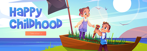 Happy childhood cartoon web banner, kids playing pirates in old wooden boat at sea beach. Children outdoor game, summer vacation, holidays activity. Little boy and girl friends fun vector illustration