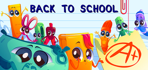 Back to school cartoon banner with kawaii student supplies characters. Stationery pencil, scissors, ruler, textbook or pen-box and excellent test on lined notebook page, education Vector illustration