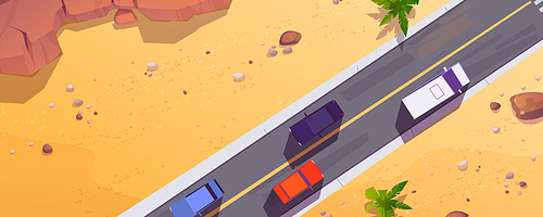 Top view to cars on road in desert or sea beach. Vector cartoon illustration of aerial view of tropical landscape with sand, mountains, palm trees and asphalt highway with vehicles