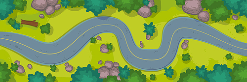 Top view of winding car road, trees and bushes. Vector cartoon illustration of aerial view of summer landscape with curve asphalt highway, green grass and stones