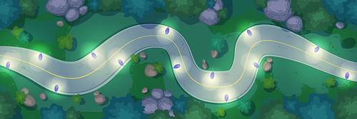 Top view of winding car road, street lights, trees and bushes at night. Vector cartoon illustration of aerial view of summer landscape with curve asphalt highway, lanterns, green grass and stones