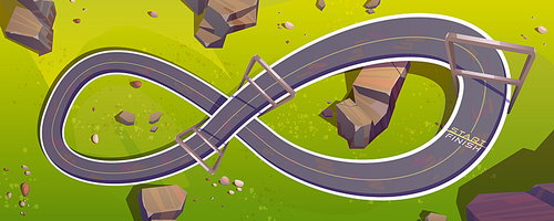 Top view of speed race car track on green hill for game background. Vector cartoon illustration of circuit road in shape of infinity sign for auto rally competition. Loop racetrack map