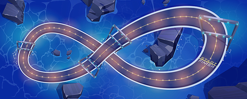 Speed race car track with light markers at night for game background. Vector cartoon illustration of circuit road for auto rally competition. Top view of loop racetrack on overpass above water