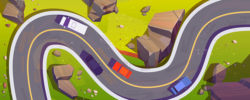 Road with cars top view, winding highway at land surface with rock and grass. Cartoon overhead background with modern infrastructure in mountains, two-lane curve asphalt pathway, Vector illustration
