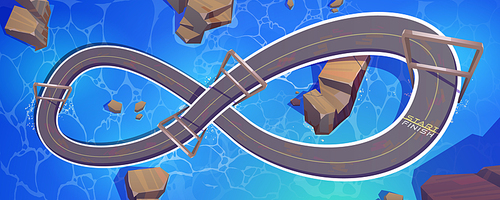Race track for cars over sea water surface top view, road in shape of infinity sign with start and finish line. Cartoon background for game, racetrack aquatic location, asphalted vector way loop
