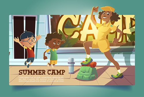 Summer camp poster with kids and woman going to hike. Vector banner with cartoon illustration of young scouts and teacher prepare to trekking with backpack and thermos on street