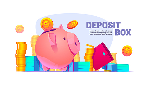 Deposit box banner with piggy bank, gold coins, purse and paper money. Vector poster of finance account and bank storage with cartoon illustration of moneybox, wallet and cash