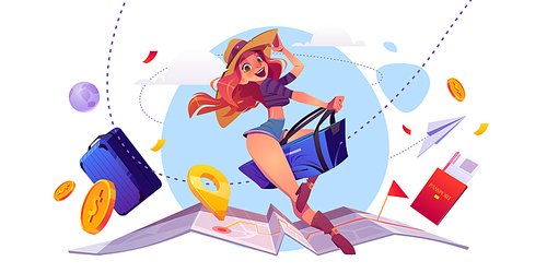 Summer travel concept, girl tourist riding luggage bag on world map with navigation pin, foreign passport and money around. Young woman traveling, holidays journey, trip cartoon vector illustration