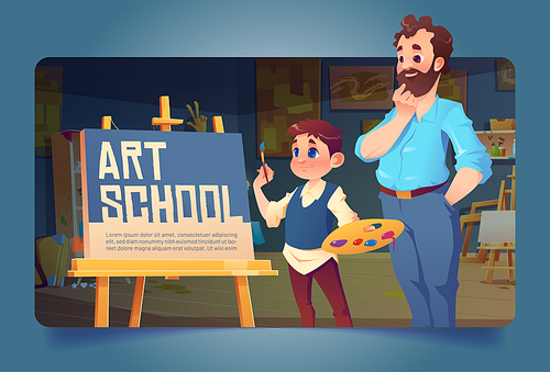 Art school banner with boy and teacher in classroom. Vector landing page of artist studio with cartoon illustration of child student with brush and palette draws on canvas