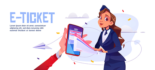 E-ticket cartoon landing page, stewardess checking airplane ticket on smartphone screen, internet service for cashless buying and selling pass s for traveling, mobile phone app Vector web banner