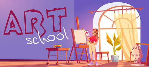 Art school cartoon banner. Artist girl at easel paint flower. Painter young woman in teenage clothes holding pencil and sketchbook with rose blossom sketch. Workshop studio class vector illustration