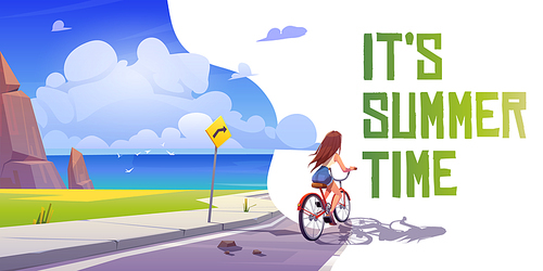 It's summer time cartoon banner. Girl on bicycle riding mountain road at seascape view. Young woman bike trip, travel with beautiful seaview landscape. Holidays journey to ocean, vector illustration