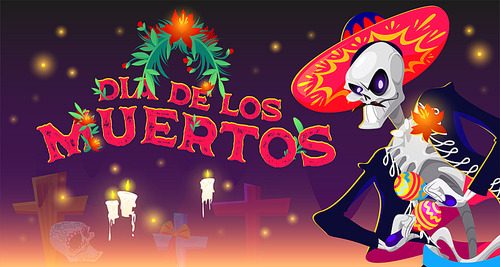 Dia de los muertos cartoon banner, Mexican Day of the dead skeleton mariachi musician character with maracas, holiday sugar skulls, crosses, flower wreath and burning candles, vector illustration