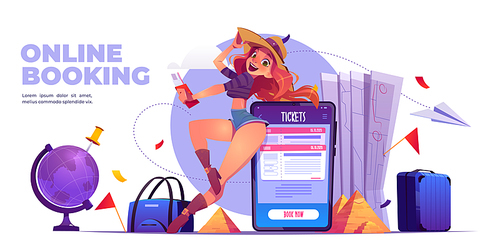 Online booking cartoon banner. Travel service for mobile, girl with tourist app on huge smartphone, luggage, world map, globe, navigation pin and egyptian pyramids. Summer journey vector illustration