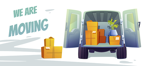 Furniture delivery banner with open truck and packing boxes inside. House moving concept. Vector cartoon illustration for relocation service with freight van for carry estate and cargo