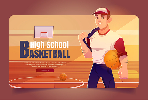 High school basketball cartoon web banner, sportsman in team uniform holding ball on gymnasium background with hoop and markup on wooden floor. Junior college league tournament, Vector illustration