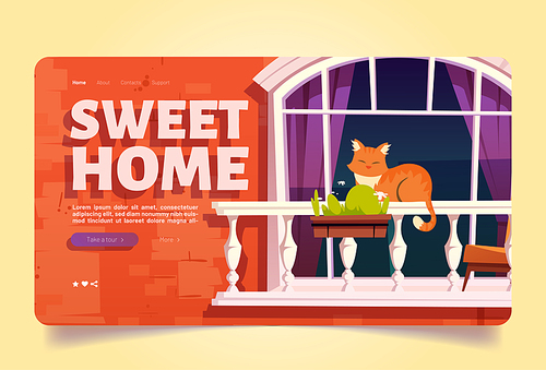 Sweet home with cat sleep on balcony cartoon landing page. Pet relax outside of house. Calm kitten lying on banister at brick wall facade with arched window, domestic animal life Vector illustration