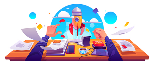 Startup project launch, business innovation idea realization, development. Rocket take off with smoke cloud from working place with documents, male hand push start button, Cartoon vector illustration.