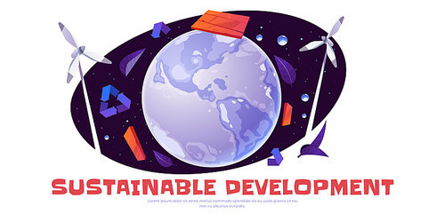 Sustainable development cartoon banner with earth globe, wind turbines, recycling symbols and leaves. Renewable green windmill energy, international environment protection, conservation vector concept