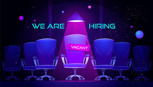 We are hiring cartoon banner with vacant chair under spotlight. Hire job announcement for candidates, head hunting, Human resource research, employment, recruiting concept. Vector illustration, poster