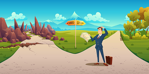 Confused man with map makes choice between hard and easy way. Vector cartoon landscape with businessman on road with direction sign, curvy path with rocks and simple straight road