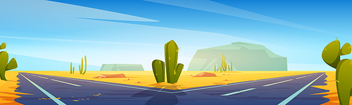 Road fork in desert with sand and cacti, empty highway directions. Choice between two ways, travel destination concept. Landscape with path and rocks, problem of choosing, Cartoon vector illustration