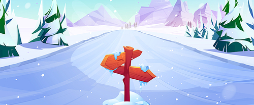 Ice slide with wooden road sign, conifers and mountain peaks on horizon. Winter ski resort, iced slippery hill, cartoon background with direction signboard for wintertime sport, Vector illustration